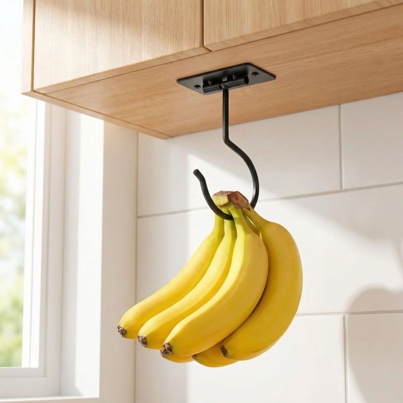 Food Storage Rack For Kitchen - Czarny metalowy samoprzylepny haczyk bananowy, składany
